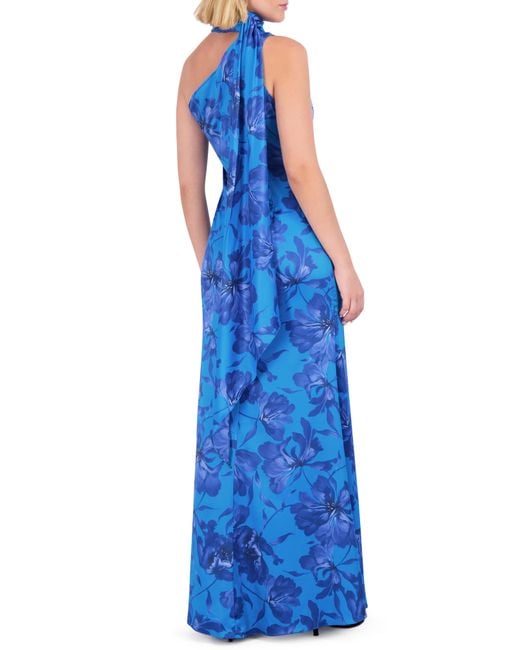 Vince Camuto Blue Floral Mock Neck One-shoulder Gown