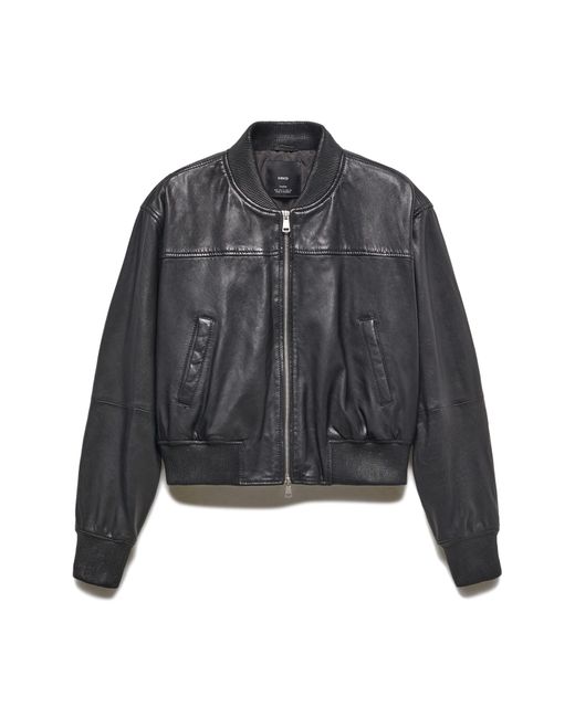 Mango Black Leather Bomber Jacket