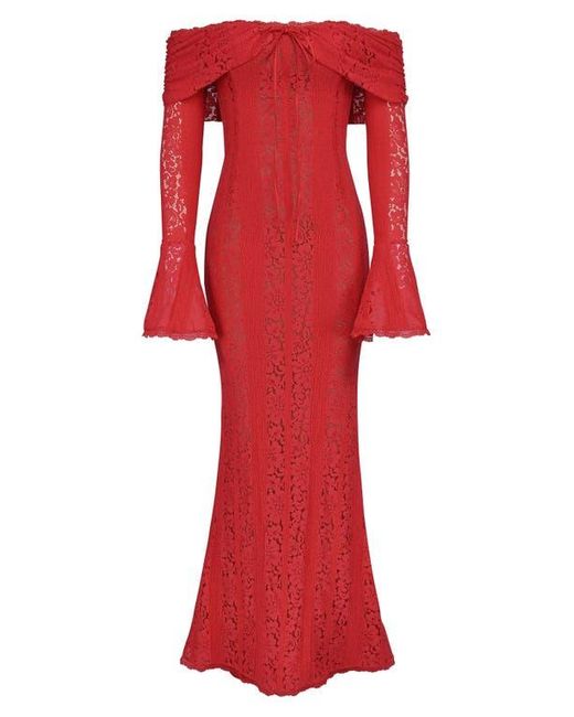 House Of Cb Belle Off The Shoulder Long Sleeve Mermaid Gown in Red | Lyst
