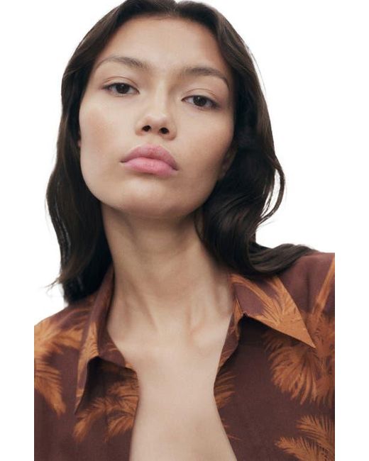 Mango Brown Palm Print Cotton Button-Up Shirt