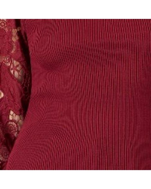 Yumi' Red Ribbed Knitted Lace Sleeve Top