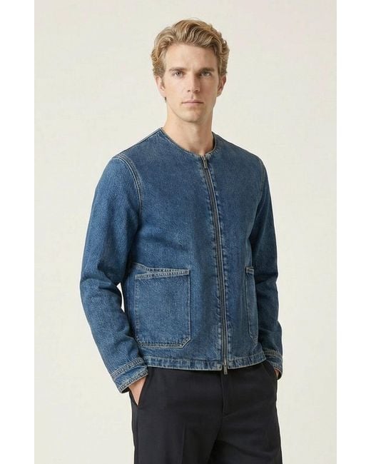 Modenaire Blue Denim Zip Front Patch Pocket Jacket