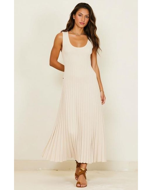 Modenaire Natural Sleeveless Ribbed Knit Midi Dress With Flowy Pleated Hem