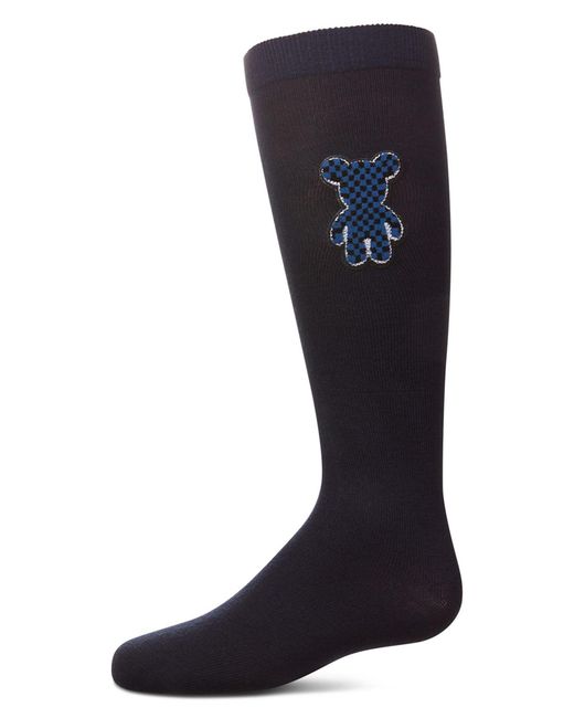 Memoi Black Boxed Bear Patch Knee High Socks