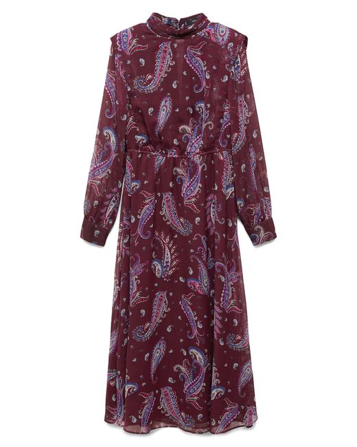 Mango Purple Paisley Print Long Sleeve Chiffon Midi Dress