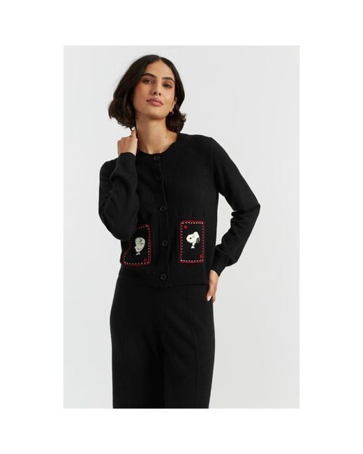 Chinti & Parker Black Wool Cashmere Snoopy & Charlie Cardigan