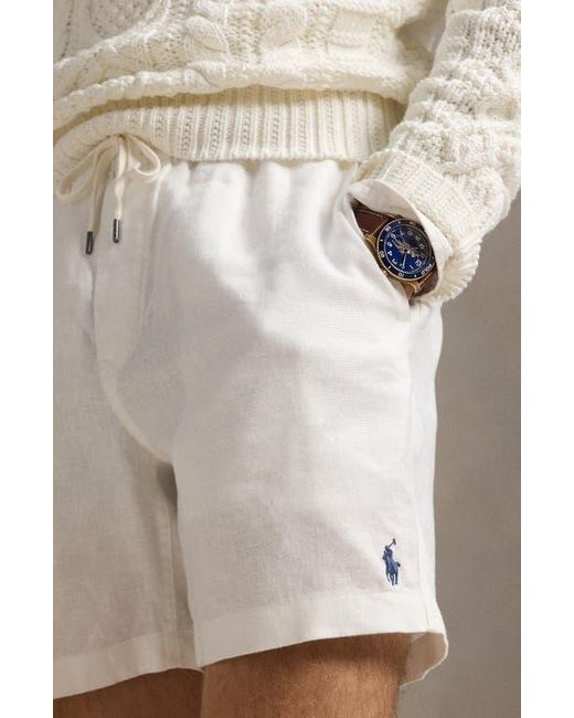 Polo Ralph Lauren White Classic Fit Flat Front Linen Drawstring Shorts for men