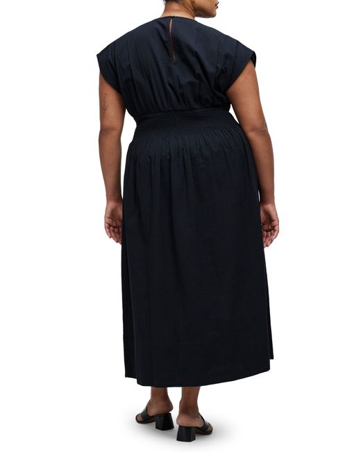 Madewell Black Stripe Smocked Waist Seersucker Midi Dress
