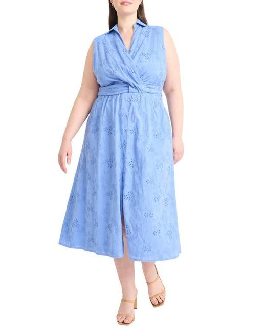 Maggy London Blue Eyelet Front Wrap Sleeveless Maxi Dress