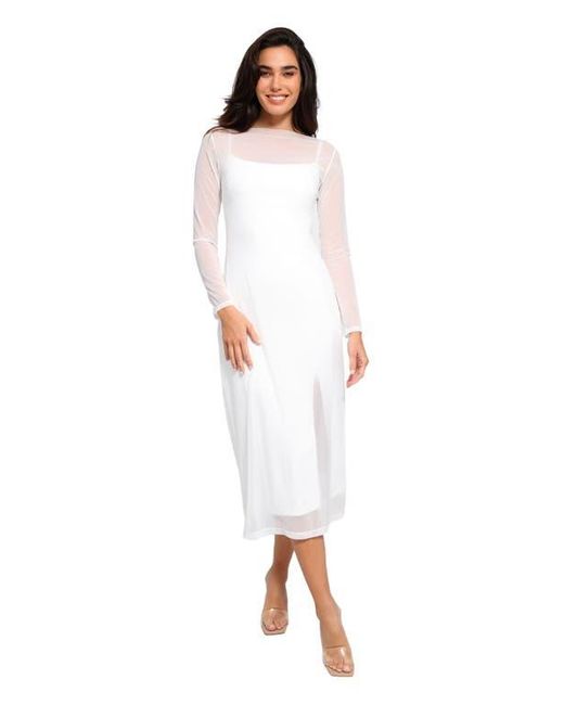 Popilush White Shapewear Slimming Midi Dress And Sheer Mesh Overlay Set