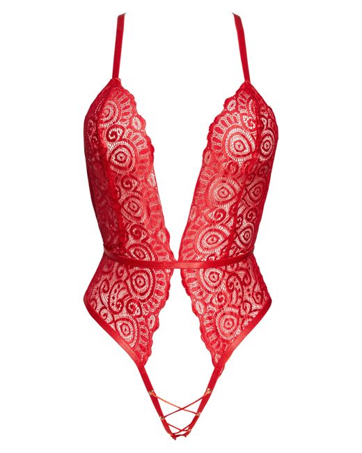 ROMA CONFIDENTIAL Plunge Lace Open Gusset Teddy in Red