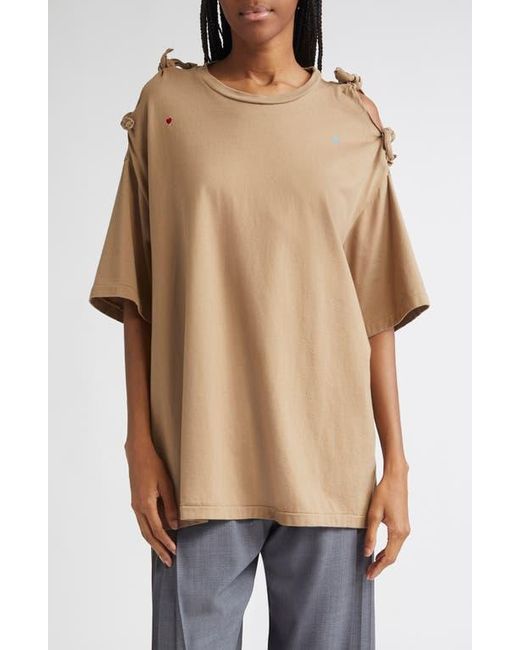 Undercover Brown Embroidered Bow Sleeve Cotton T-Shirt