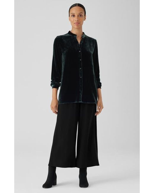 Eileen Fisher Black Band Collar Velvet Button-Up Shirt