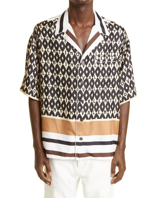 Valentino Gray Archive Logo Print Short Sleeve Button-up Silk Twill Shirt for men