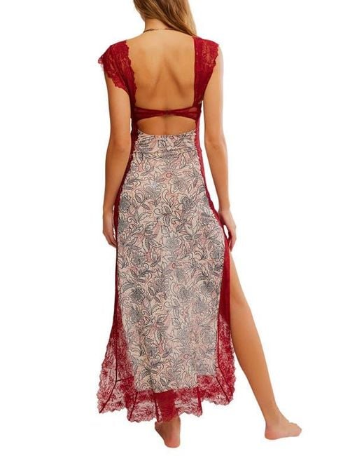 Free People Red Suddenly Fine Floral Print Cutout Lace Trim Nightgown