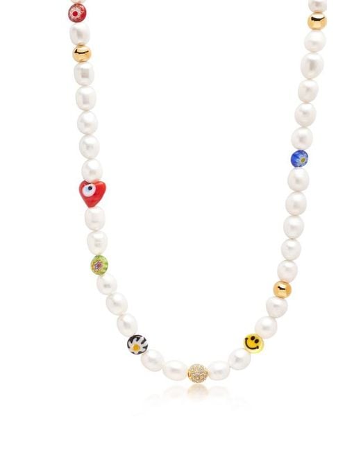 Nialaya White Smiley Face Pearl Necklace for men