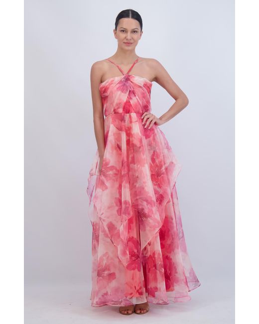 Eliza J Pink Floral A-line Chiffon Gown