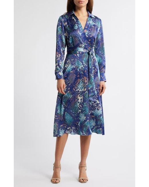 Tahari Blue Long Sleeve Hammered Satin Wrap Front Shirtdress