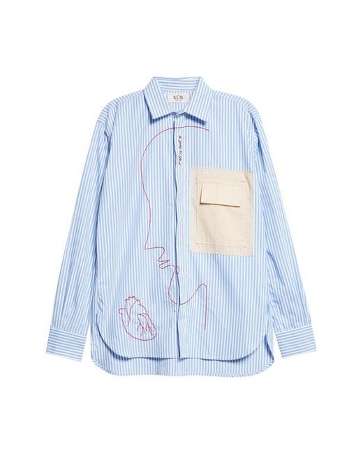 KÚR White I Left My Heart Hand-Embroidered Stripe Button-Up Shirt