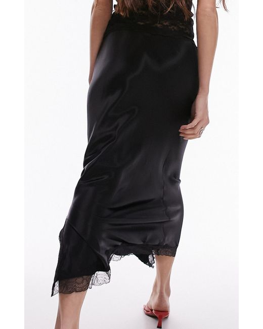 TOPSHOP Black Lace Trim Satin Midi Skirt