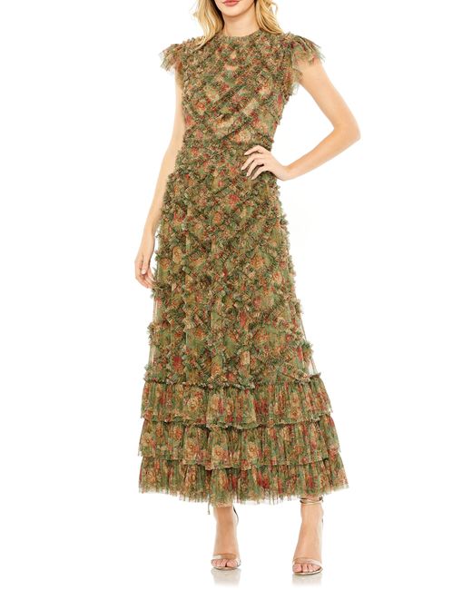 Mac Duggal Green Floral Cap Sleeve Ruffle A-line Dress