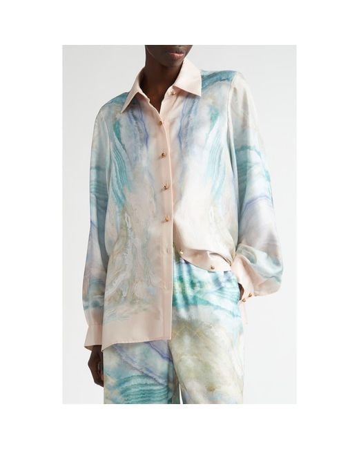 Zimmermann Blue Agate Print Silk Button-Up Shirt