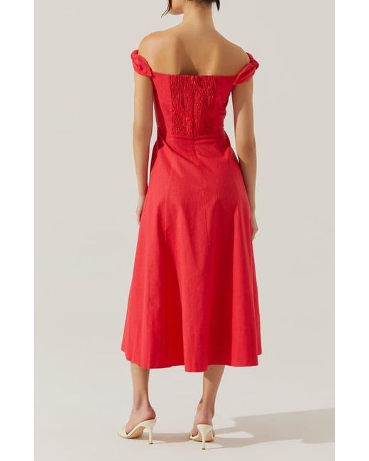Astr Red Charelin Off The Shoulder Linen Blend Midi Sundress