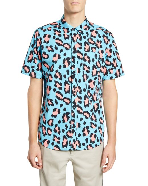 Hurley Blue Leo Leopard Print Short Sleeve Button-up Shirt for men