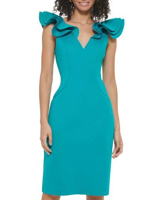 Eliza J Blue Ruffle Shoulder Sleeveless Cocktail Dress