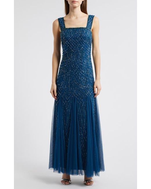 Pisarro Nights Blue Beaded Gown With Long Sleeve Jacket