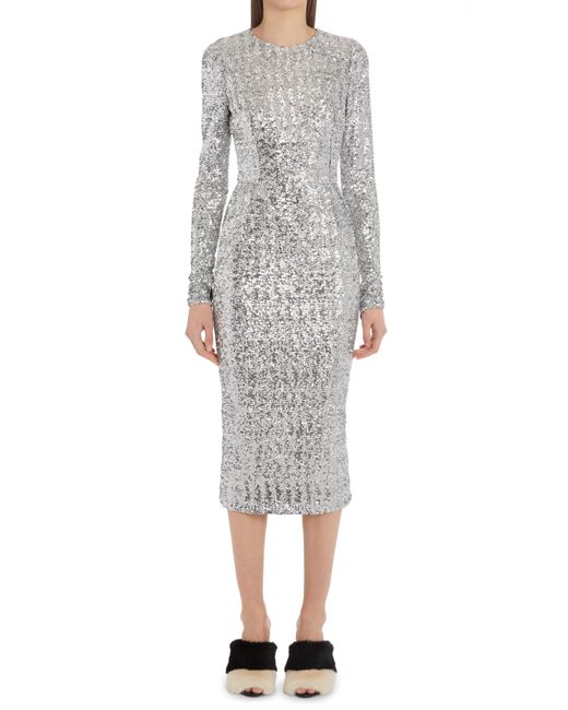 Dolce & Gabbana Long Sleeve Sequin Midi Dress in Gray | Lyst