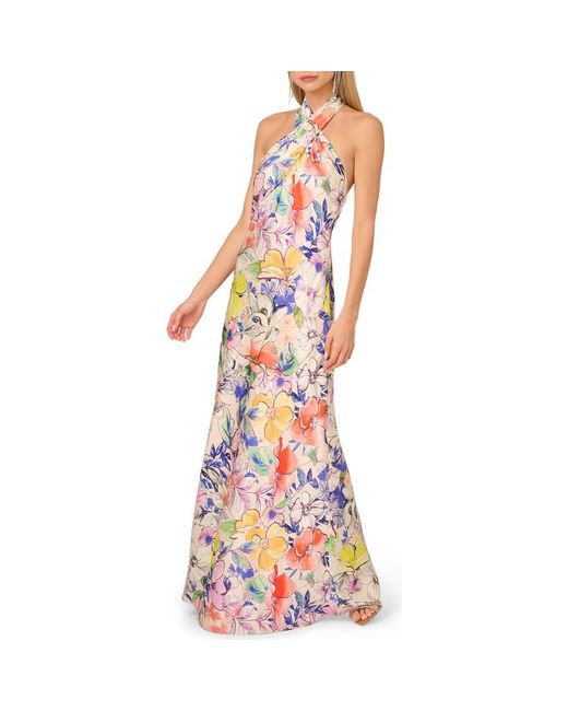 Adrianna Papell Multicolor Print Satin Halter Gown