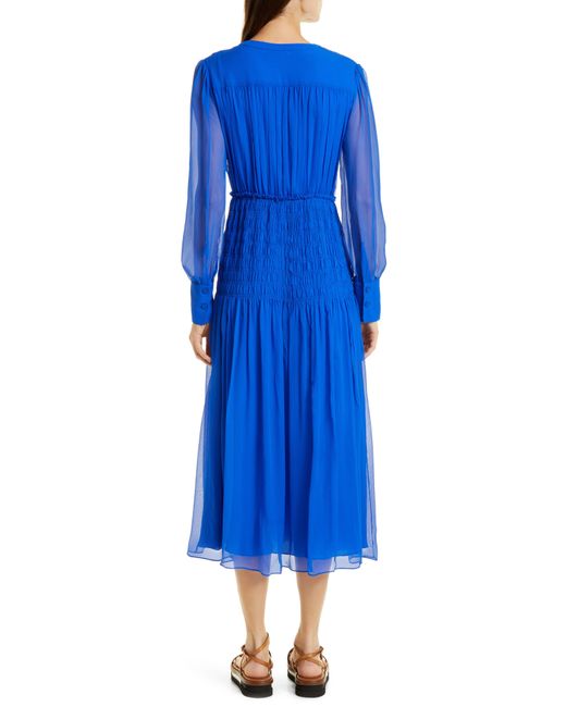 Jason Wu Blue Smocked Waist Long Sleeve Silk Chiffon Midi Dress