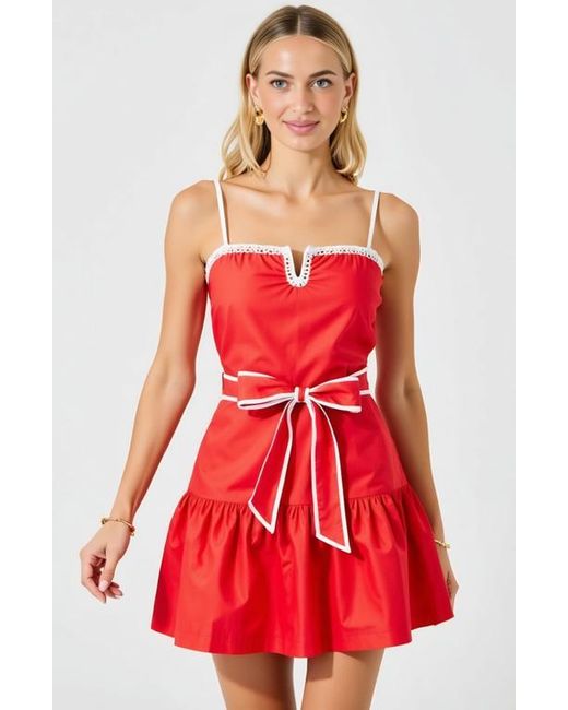 Modenaire Red Spaghetti-Strap Crochet-Trim Tie-Waist Mini Dress