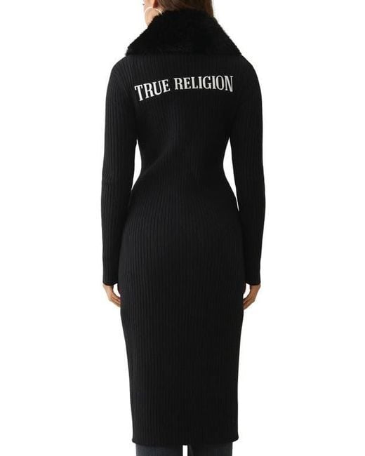 True Religion Black Embroidered Faux Fur Accent Rib Longline Cardigan