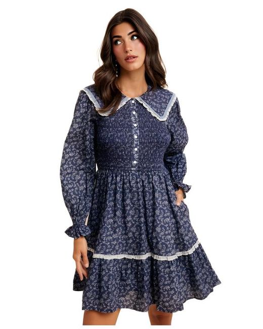Knit & Lounge Blue Floral Shirred Contrast Collar Mini Dress