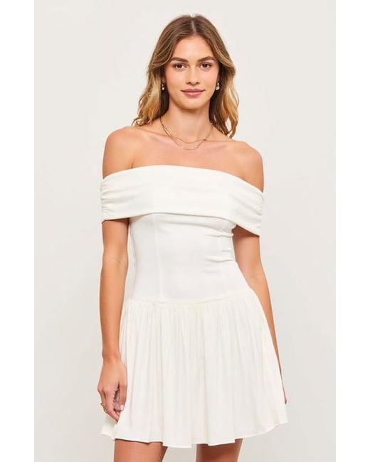 Modenaire White Off-Shoulder Ruched Bodice Mini Dress With Flowy Skirt