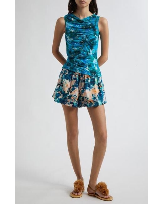 Ulla Johnson Blue Medea Floral Ruched Sleeveless Top