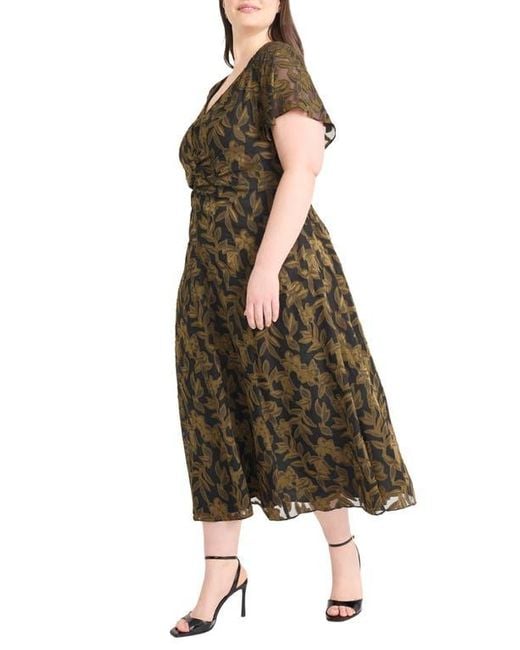 Maggy London Green Ruched Flutter Sleeve Midi Dress