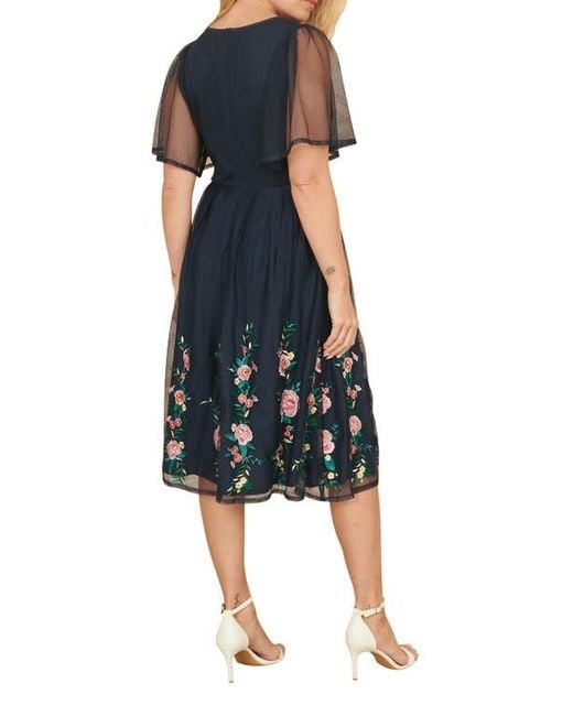Yumi' Blue Embroidered Mesh Sleeve Prom Dress