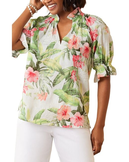 Tommy Bahama Green Daybreak Hibiscus Embroidery Linen Top