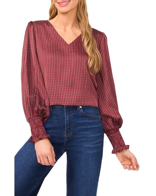 Cece Red Print Smocked Cuff Top