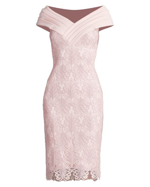 Tadashi Shoji Pink Texture Off The Shoulder Crepe Sheath Cocktail Dress