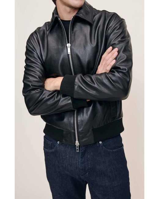 DL1961 Blue Zip Front Leather Bomber Jacket for men