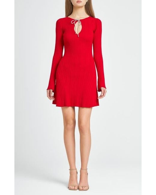 Wayf Red Talk Embellished Bow Long Sleeve Minidress
