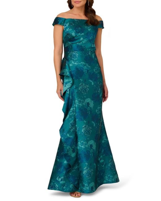 Adrianna Papell Green Ruffle Off The Shoulder Jacquard Mermaid Gown