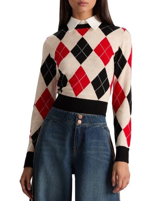 Alice + Olivia Blue Carol Ann Wool Blend Argyle Sweater With Removable Collar