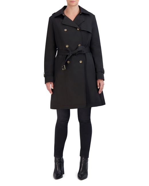 Cole Haan Black Insulated Double Breasted Hooded Trench Coat