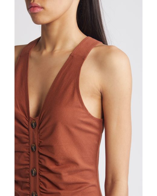 Treasure & Bond Shirred Front Button Sleeveless Organic Cotton Midi Dress