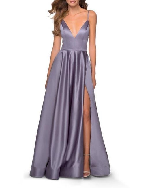 La Femme Women's Purple V-Neck Satin Prom Dress With Lace Up Back